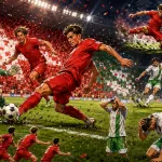 Fictional Switzerland players celebrate a 2-0 World Cup 2026 knockout win over Algeria