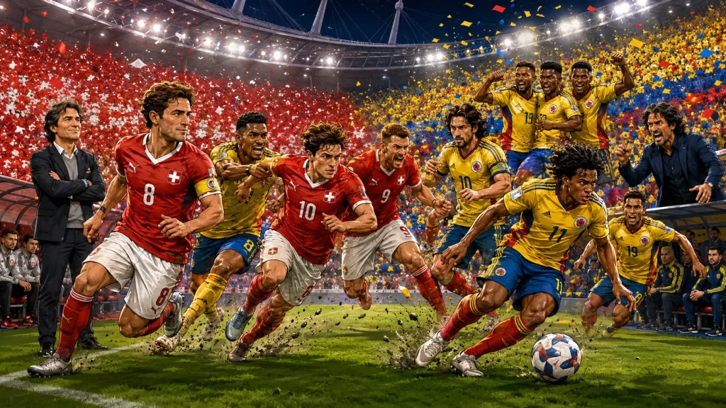 Fictional Switzerland and Colombia players in a dramatic World Cup 2026 last-16 preview scene
