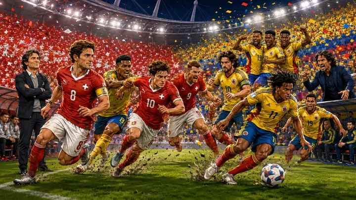Fictional Switzerland and Colombia players in a dramatic World Cup 2026 last-16 preview scene