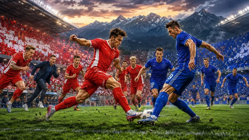 Fictional Thun and Dinamo Zagreb players contest a Champions League qualifier in Switzerland