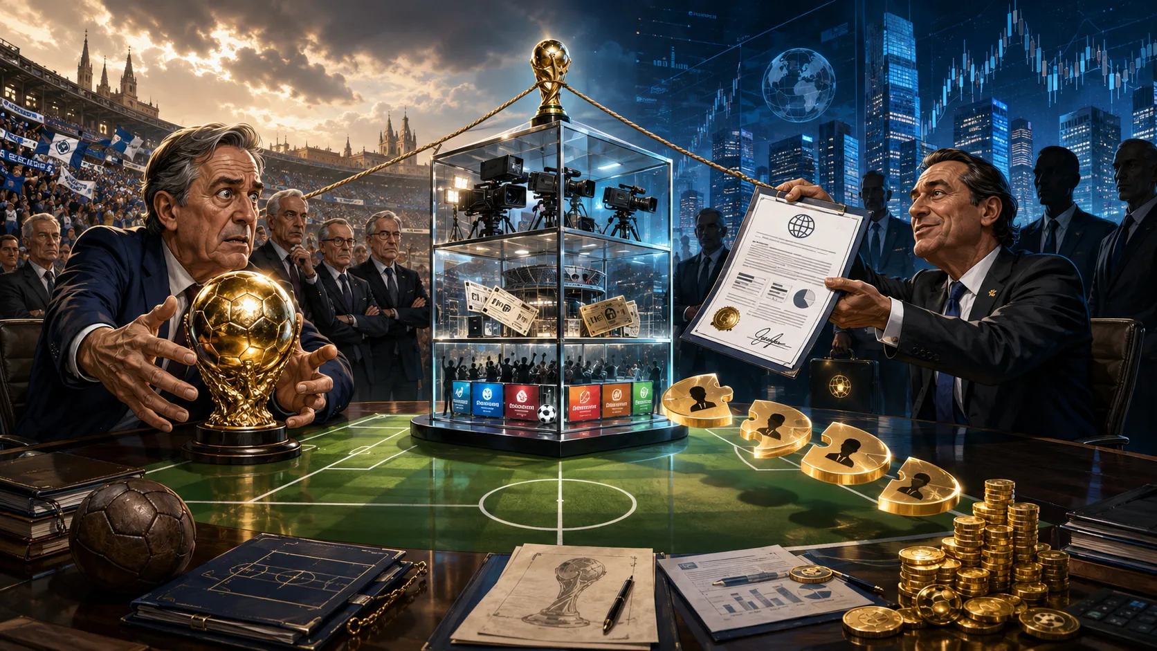Caricature-style illustration representing the dispute between UEFA and FIFA over private investment in World Cup commercial rights