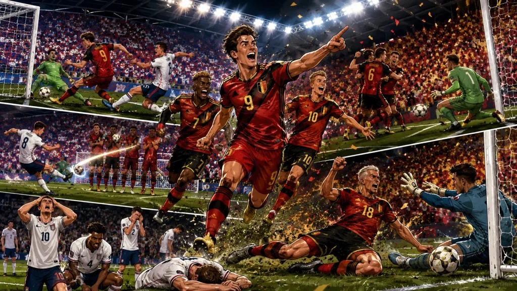 Fictional Belgium players celebrate a 4-1 World Cup 2026 knockout win over the United States