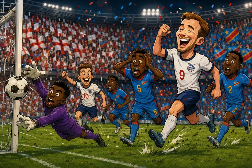 Caricature of USA’s 2-0 win over Bosnia and Herzegovina in the World Cup round of 32, highlighting Balogun’s goal, red card and Tillman’s free-kick.