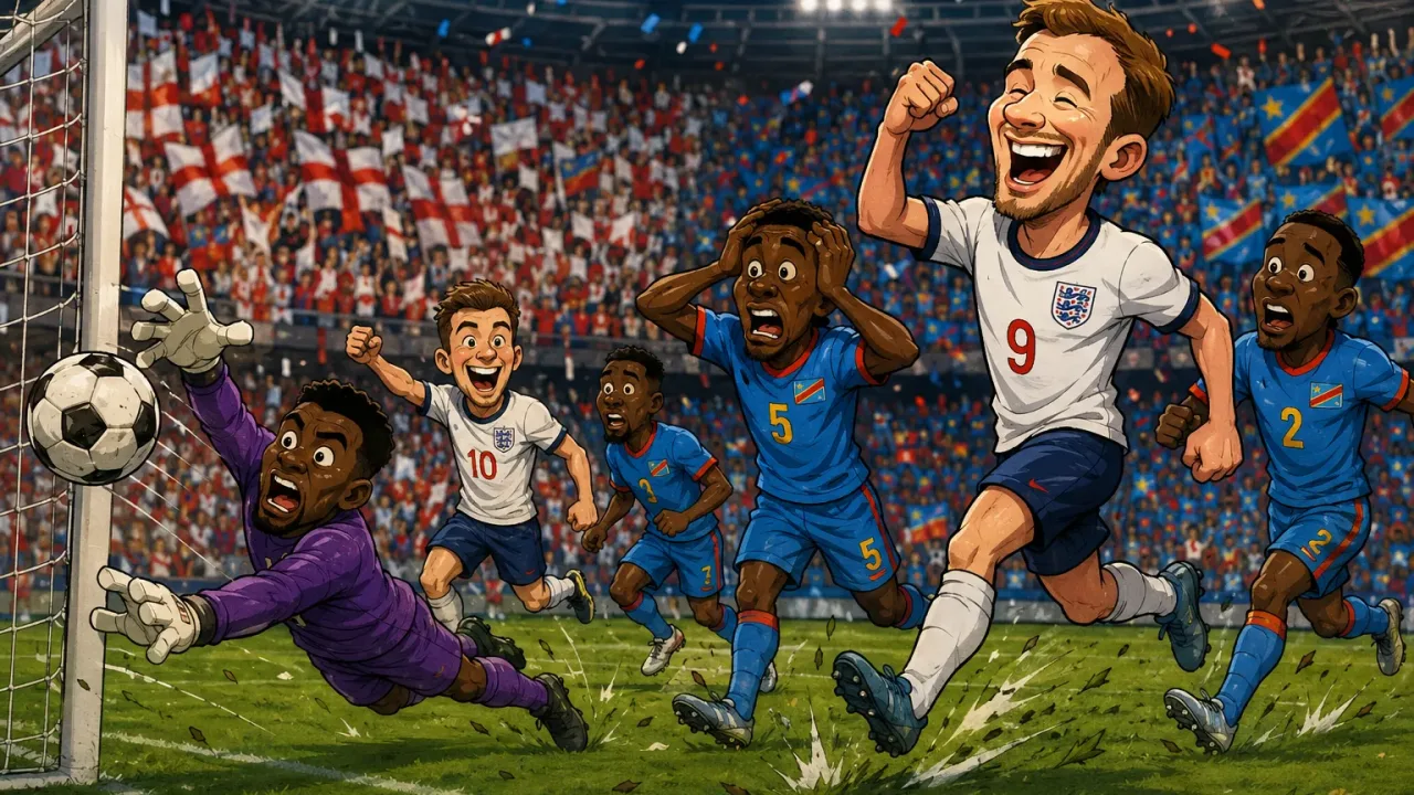 Caricature of USA’s 2-0 win over Bosnia and Herzegovina in the World Cup round of 32, highlighting Balogun’s goal, red card and Tillman’s free-kick.