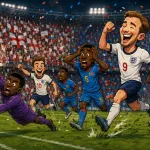 Caricature of USA’s 2-0 win over Bosnia and Herzegovina in the World Cup round of 32, highlighting Balogun’s goal, red card and Tillman’s free-kick.