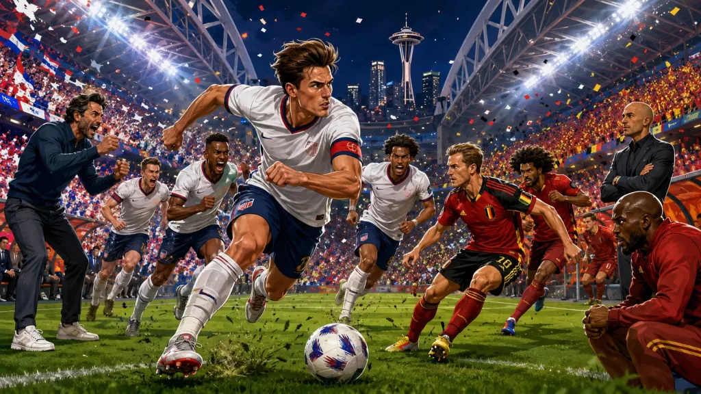 Fictional USA and Belgium players in a dramatic World Cup 2026 last-16 preview scene