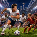 Fictional USA and Belgium players in a dramatic World Cup 2026 last-16 preview scene