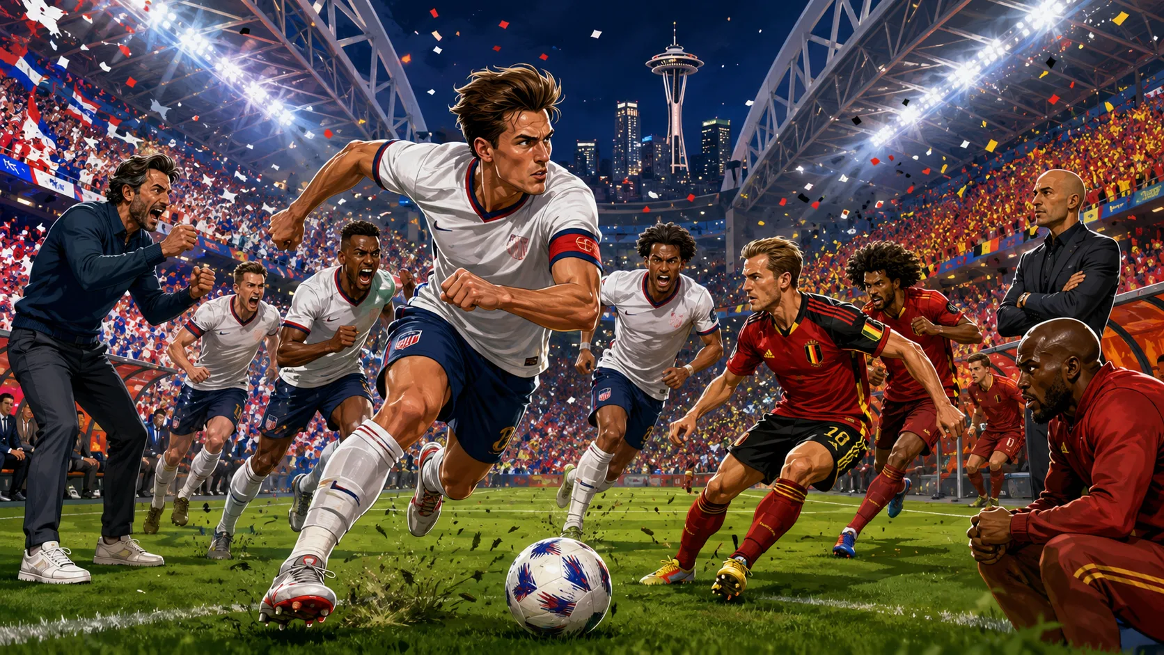 Fictional USA and Belgium players in a dramatic World Cup 2026 last-16 preview scene
