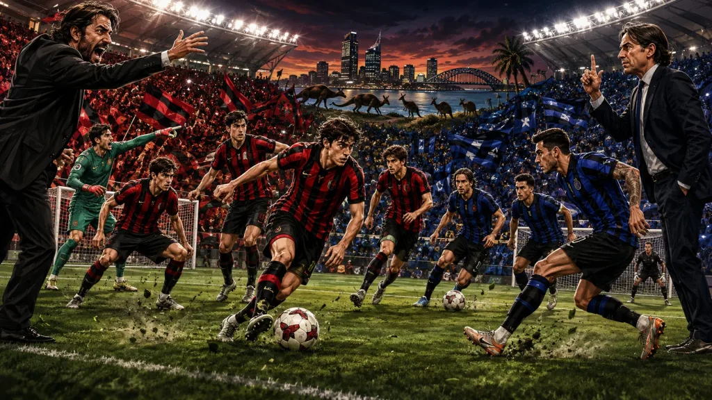 Fictional AC Milan and Inter Milan players in a dramatic Derby della Madonnina pre-season preview scene in Perth