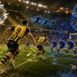 Fictional AEK Athens and Levski Sofia players contesting a dramatic Champions League playoff second leg at an AEK Arena-style stadium