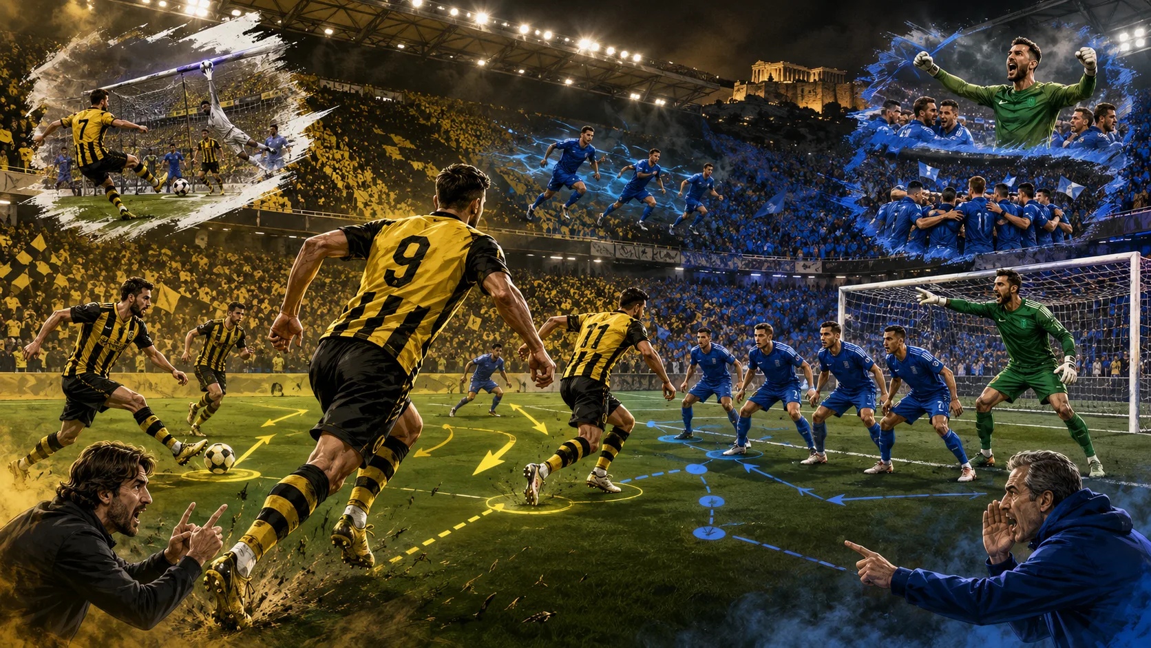 Fictional AEK Athens and Levski Sofia players contesting a dramatic Champions League playoff second leg at an AEK Arena-style stadium