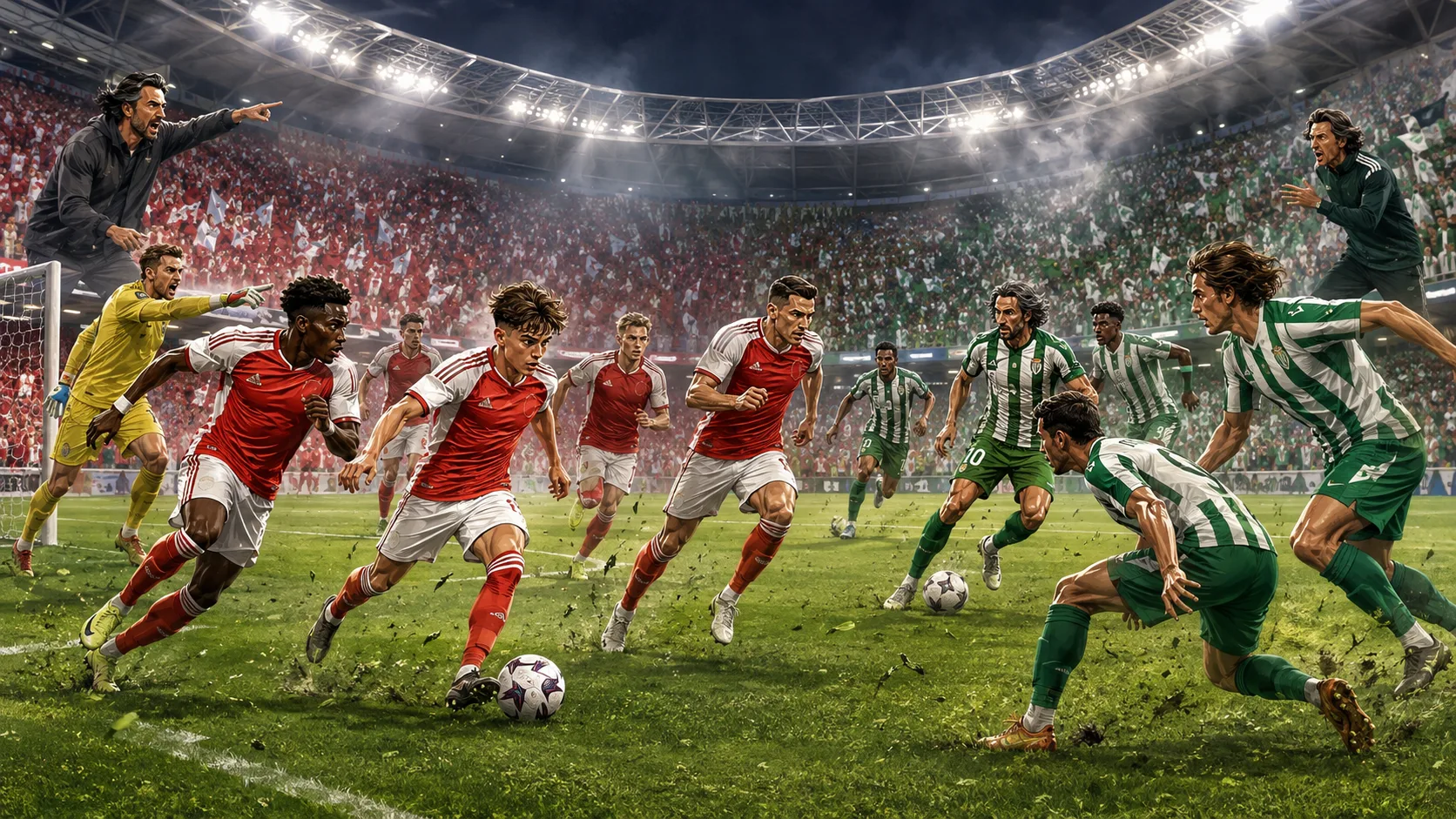 Fictional Arsenal and Real Betis players in a dramatic pre-season friendly preview scene at a Dublin stadium