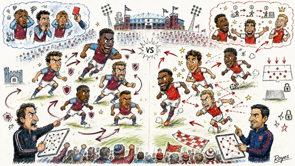 Hand-drawn pen-and-marker caricature of fictional Aston Villa and Arsenal players contesting a dramatic Premier League match at a Villa Park-style stadium