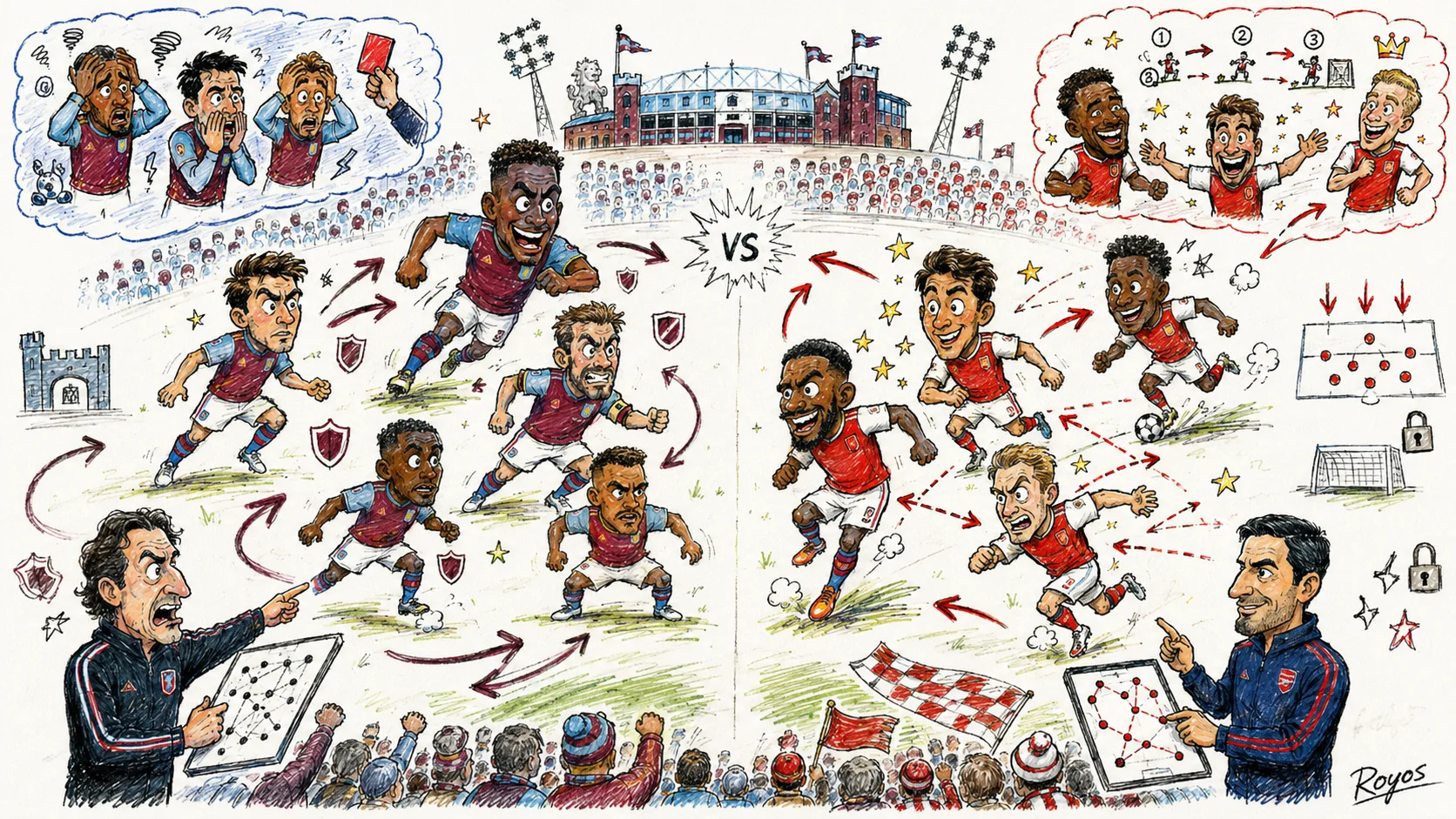 Hand-drawn pen-and-marker caricature of fictional Aston Villa and Arsenal players contesting a dramatic Premier League match at a Villa Park-style stadium