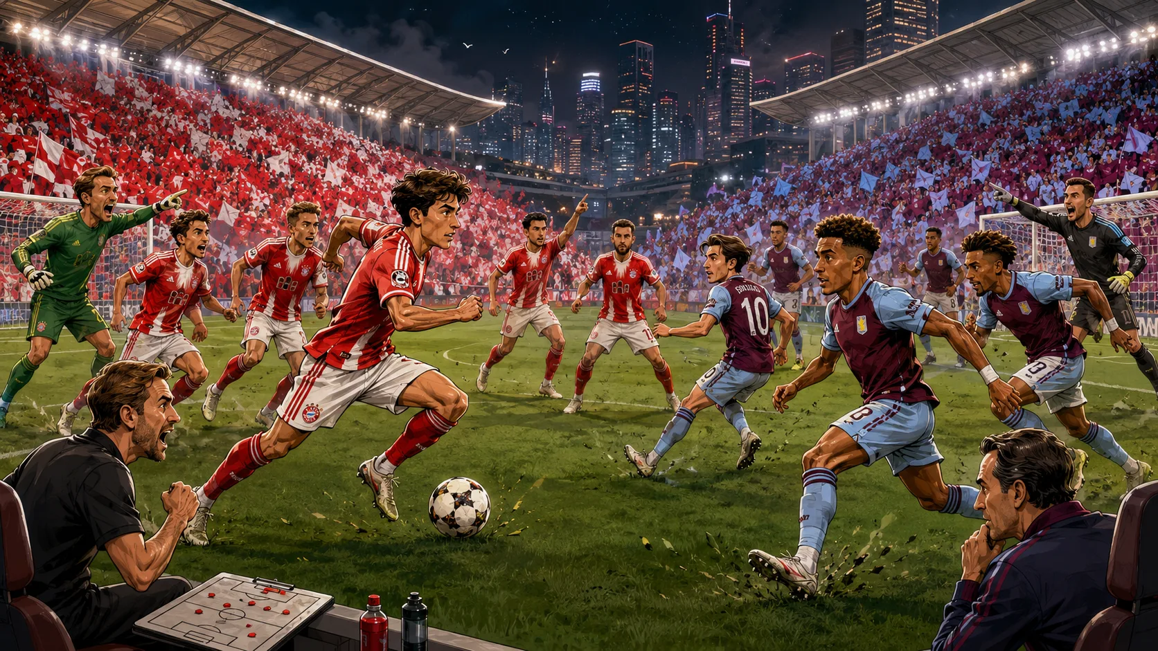 Fictional Bayern Munich and Aston Villa players in a dramatic pre-season friendly preview scene in Hong Kong