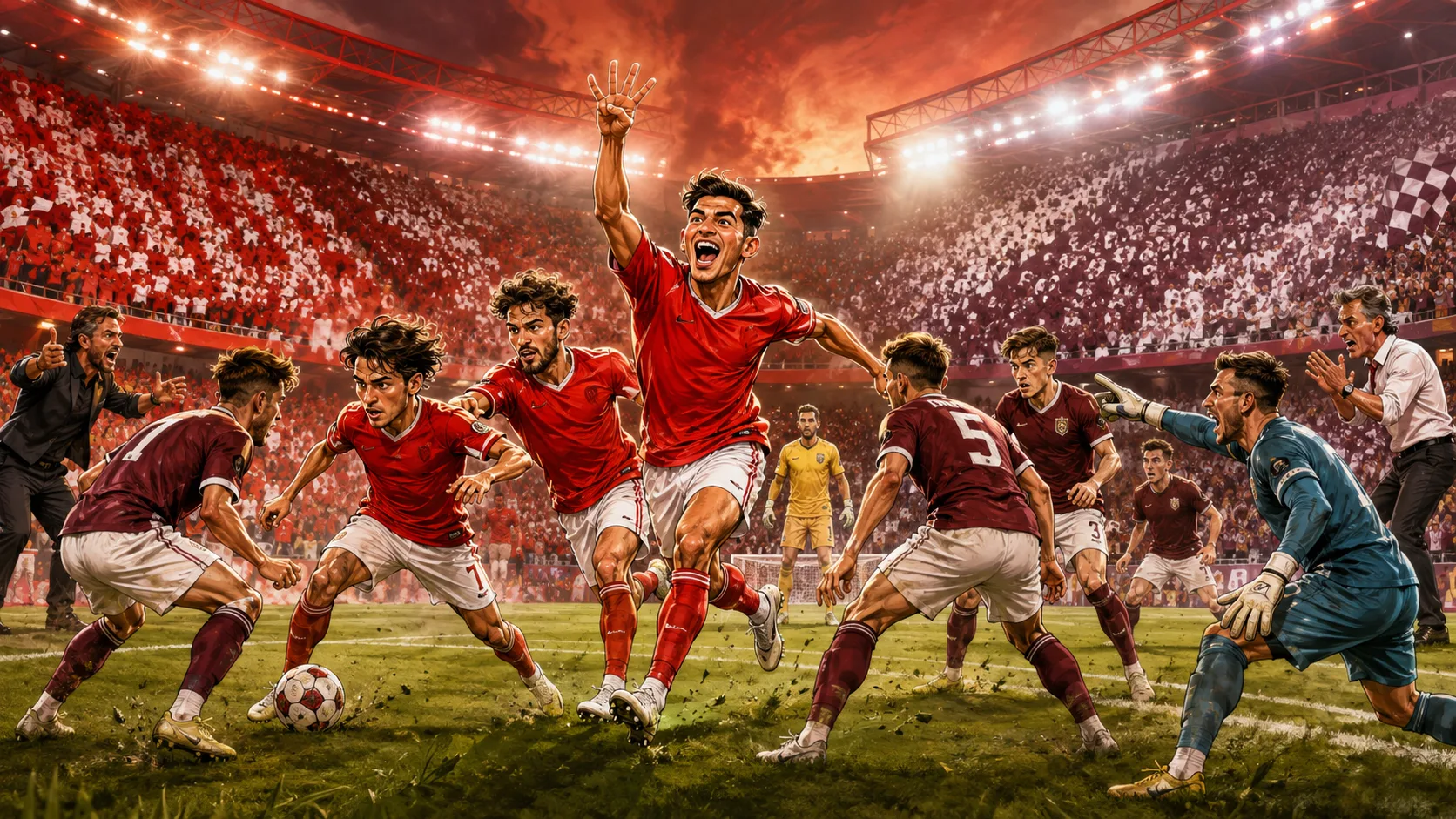 Fictional Benfica and Hearts players in a dramatic UEFA Europa League qualifying preview scene