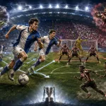 Fictional Blackburn Rovers and Sheffield United players contesting a dramatic EFL Cup match at an Ewood Park-style stadium