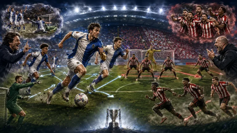 Fictional Blackburn Rovers and Sheffield United players contesting a dramatic EFL Cup match at an Ewood Park-style stadium