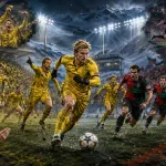 Fictional Bodo/Glimt and NEC players contesting a dramatic Champions League playoff second leg at an Aspmyra Stadion-style ground