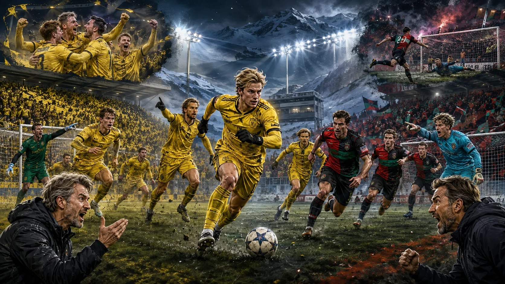 Fictional Bodo/Glimt and NEC players contesting a dramatic Champions League playoff second leg at an Aspmyra Stadion-style ground