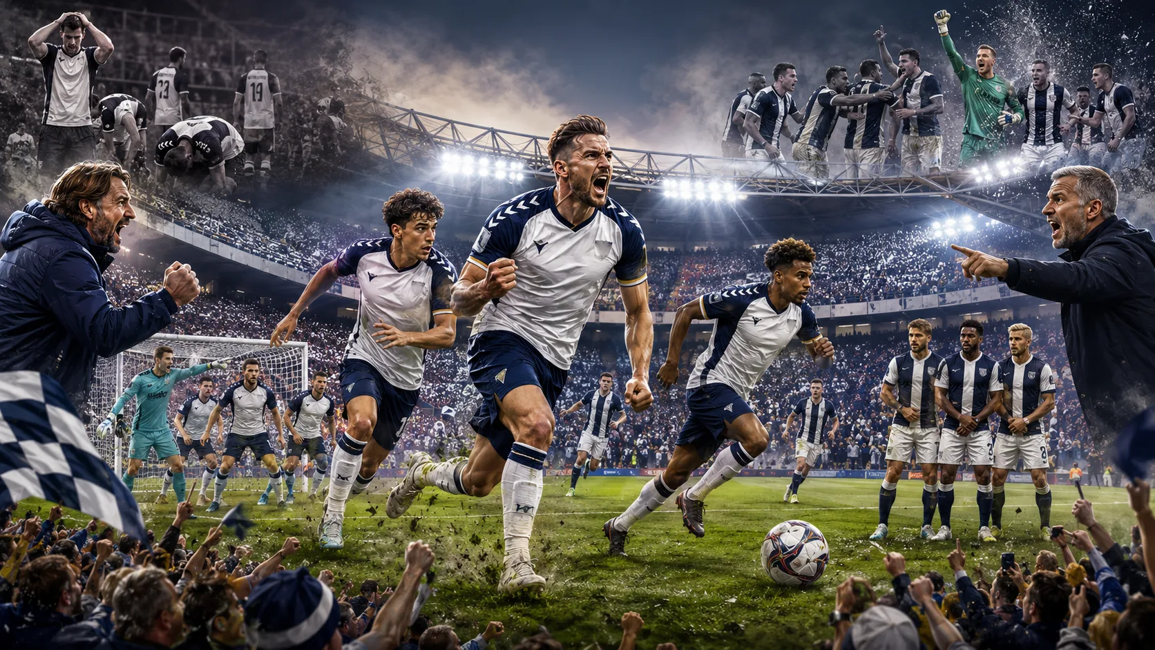 Fictional Bolton Wanderers and Preston North End players contesting a dramatic Championship opening-weekend match