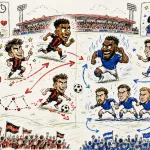 Hand-drawn pen-and-marker caricature of fictional Bournemouth and Everton players contesting a dramatic Premier League match at a Vitality Stadium-style ground