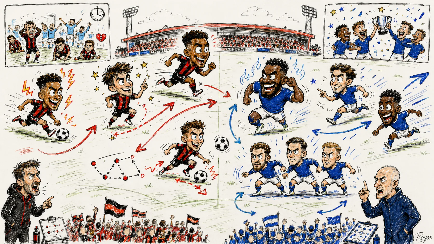 Hand-drawn pen-and-marker caricature of fictional Bournemouth and Everton players contesting a dramatic Premier League match at a Vitality Stadium-style ground
