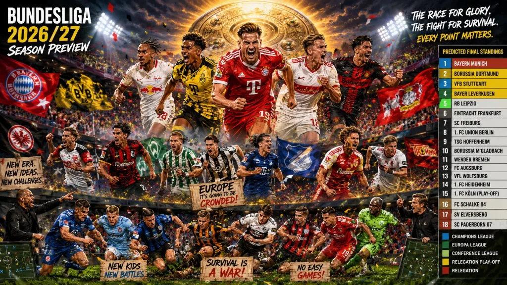 Bundesliga-inspired footballers battling across a dramatic 2026/27 title race, European qualification fight and relegation struggle beneath a glowing championship trophy