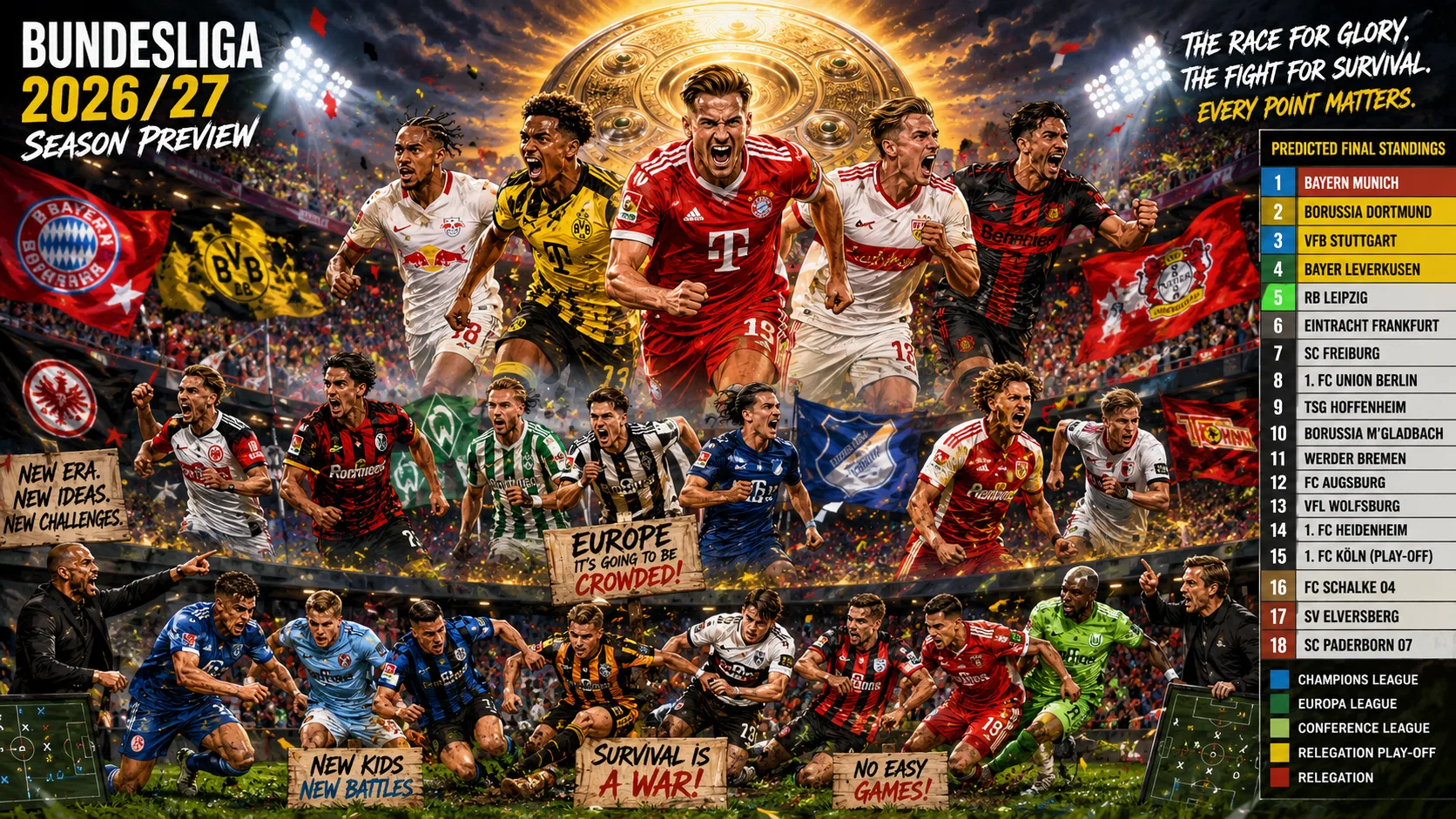 Bundesliga-inspired footballers battling across a dramatic 2026/27 title race, European qualification fight and relegation struggle beneath a glowing championship trophy