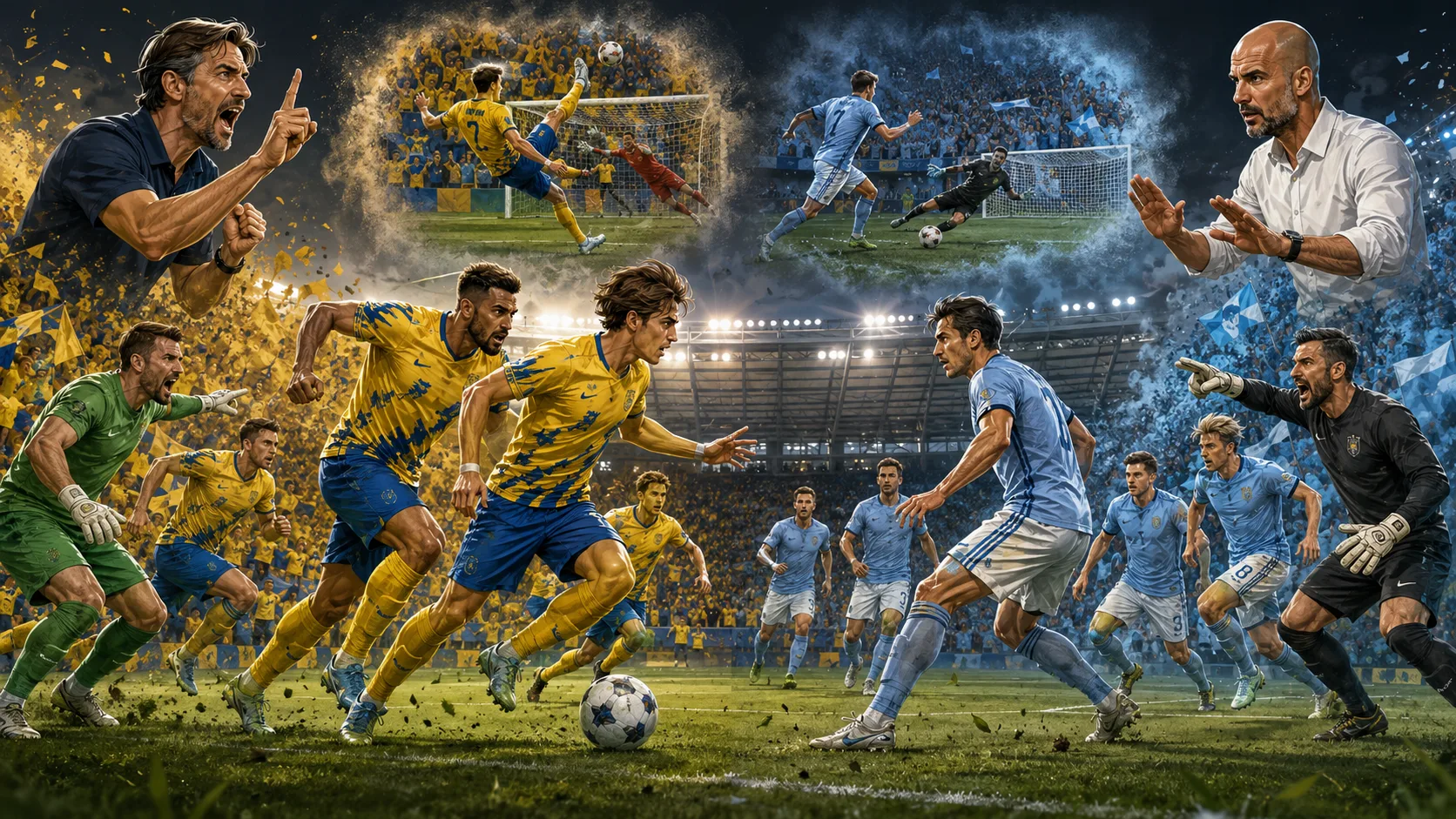 Fictional Celje and Slovan Bratislava players contesting a dramatic Champions League playoff second leg at a Stadion Z'dezele-style ground