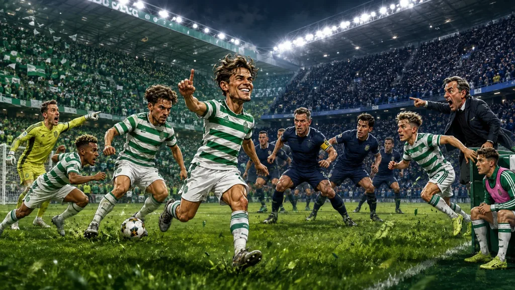 Fictional Celtic and Dundee players in a dramatic Scottish Premiership opening-weekend preview scene