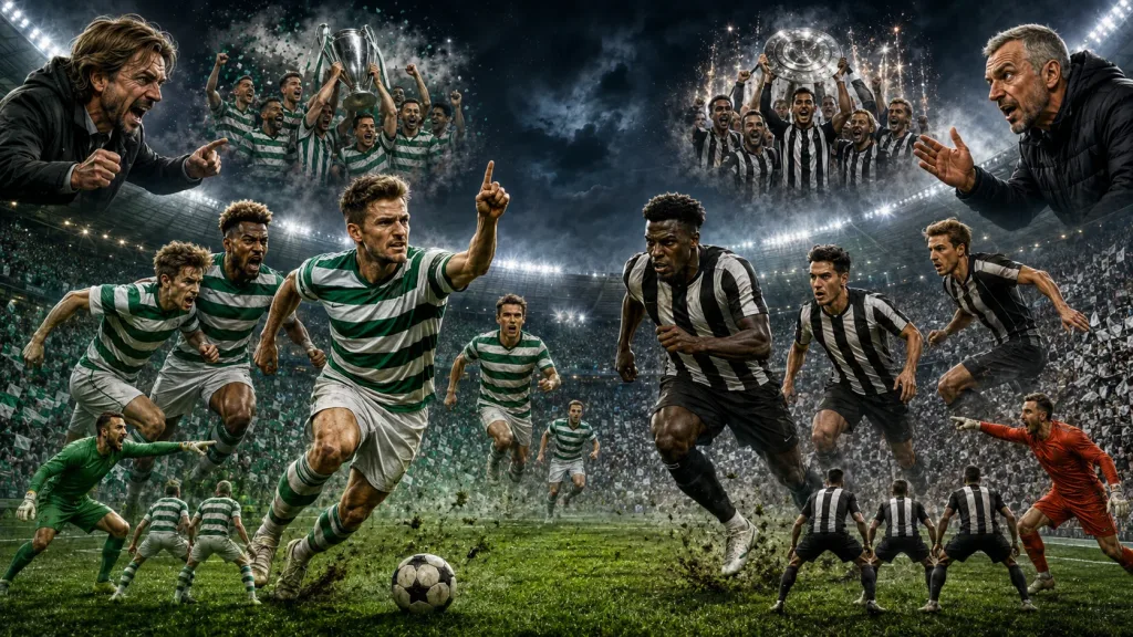 Fictional Celtic and LASK Linz players contesting a dramatic Champions League playoff first leg at a Celtic Park-style stadium