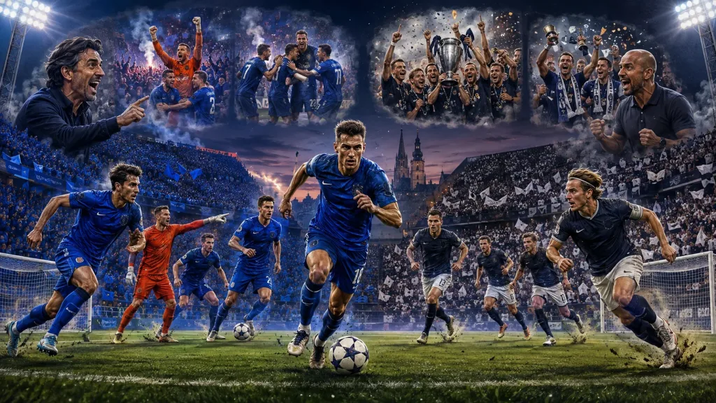 Fictional Dinamo Zagreb and Viking FK players contesting a dramatic Champions League playoff first leg at a Maksimir-style stadium