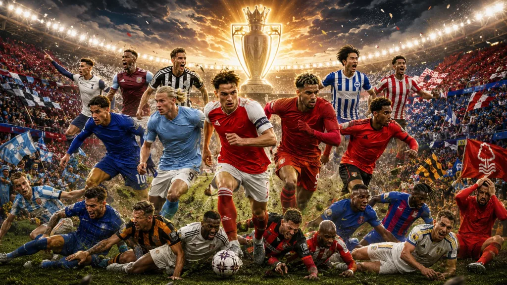Fictional Premier League-inspired footballers in a dramatic season-race montage, with title contenders charging forward and relegation battlers scrambling beneath a glowing trophy silhouette in a packed stadium
