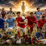 Fictional Premier League-inspired footballers in a dramatic season-race montage, with title contenders charging forward and relegation battlers scrambling beneath a glowing trophy silhouette in a packed stadium