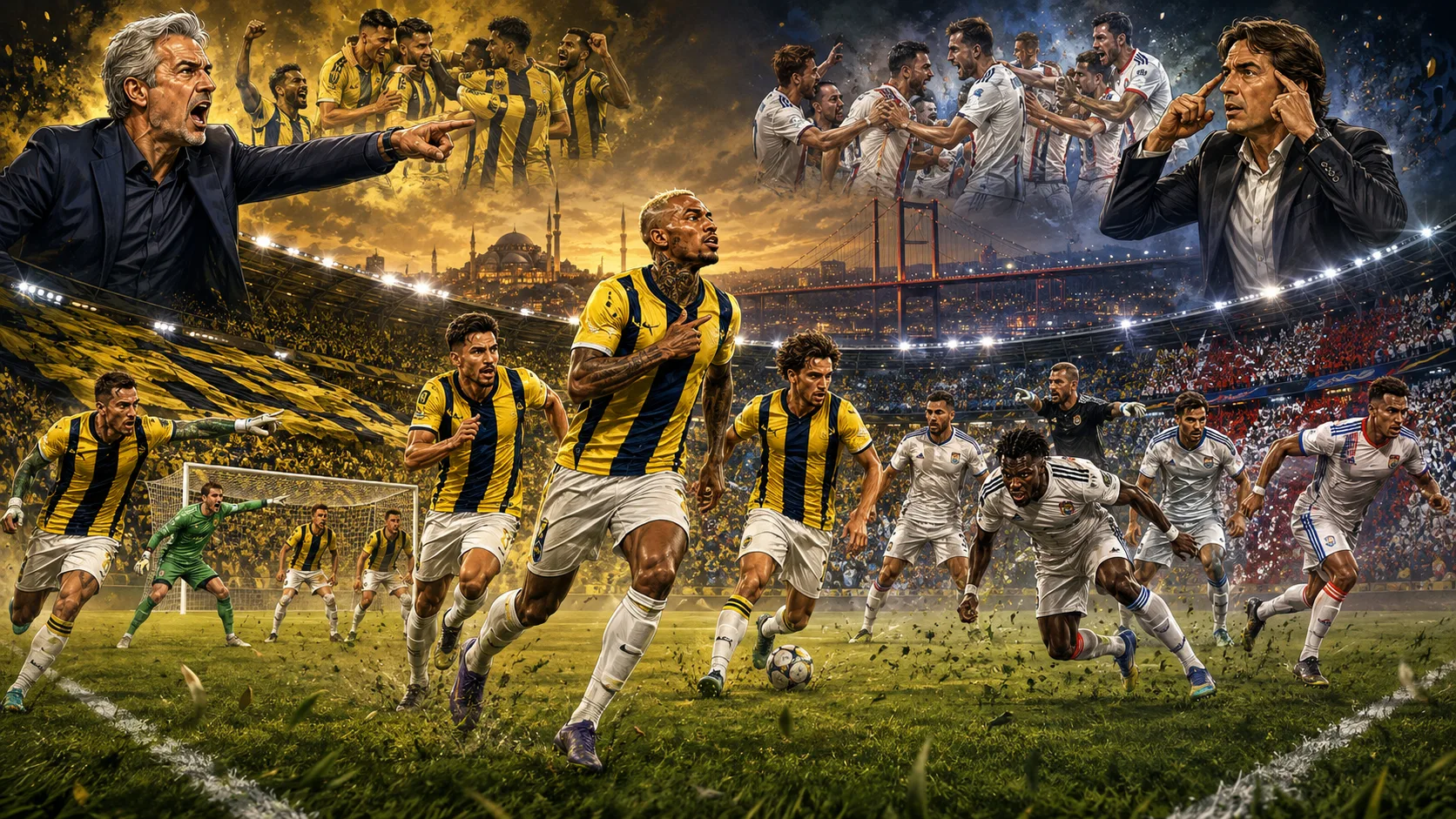 Fictional Fenerbahce and Lyon players contesting a dramatic Champions League playoff first leg in Istanbul
