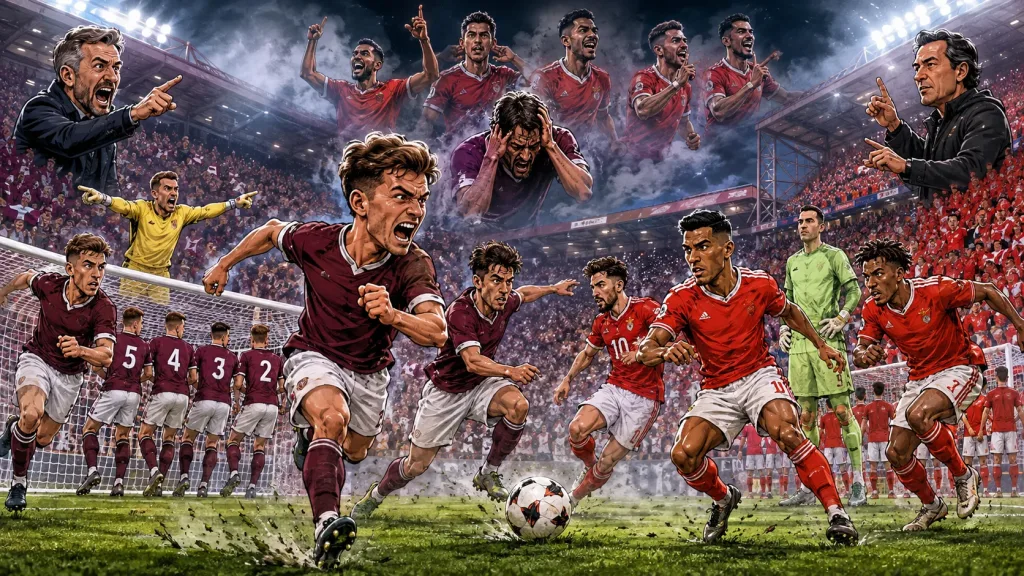 Fictional Hearts and Benfica players contesting a dramatic Europa League qualifying second leg at a Tynecastle-style stadium