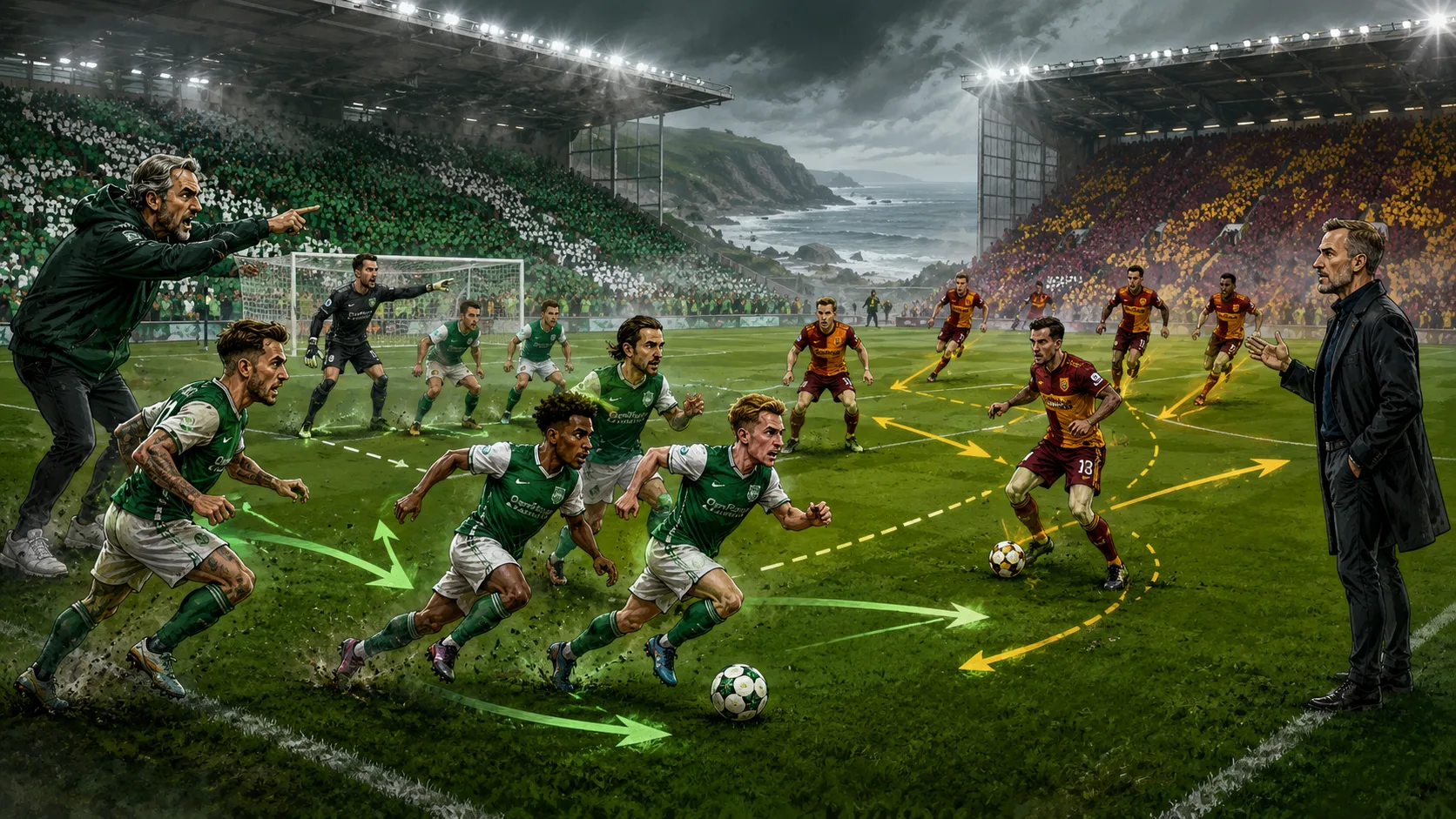 Fictional Hibernian and Motherwell players in a dramatic Scottish Premiership opening-day preview scene