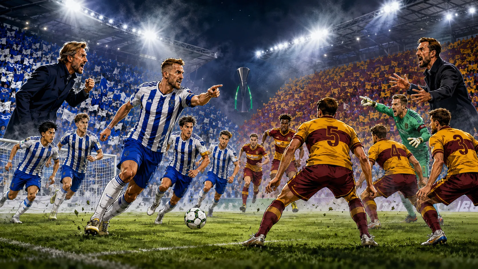 Fictional HJK Helsinki and Motherwell players in a dramatic UEFA Conference League qualifying preview scene