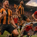 Hull City players celebrate a dramatic 2-0 win over Manchester United in a caricature-style football illustration at the MKM Stadium