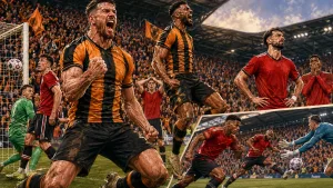 Hull City players celebrate a dramatic 2-0 win over Manchester United in a caricature-style football illustration at the MKM Stadium