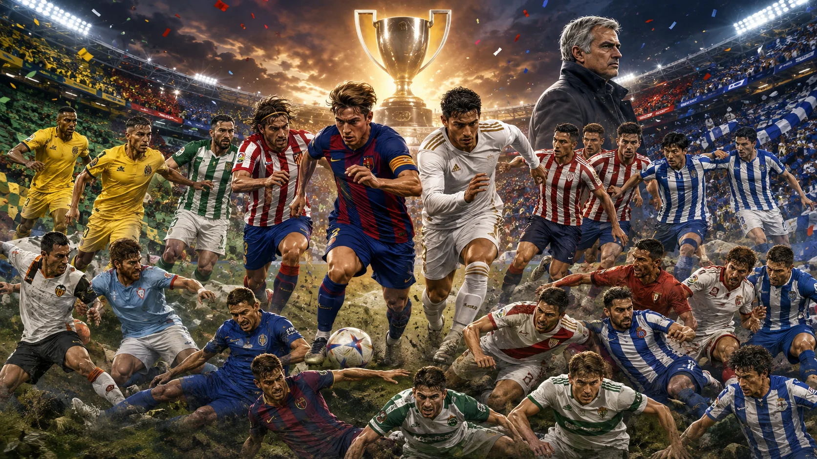 Fictional La Liga-inspired footballers battling in a dramatic 2026/27 title race, European qualification fight and relegation struggle beneath a glowing championship trophy