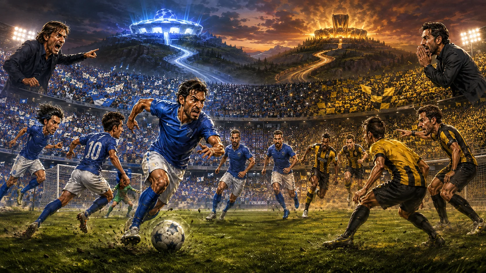 Fictional Levski Sofia and AEK Athens players contesting a dramatic Champions League playoff first leg in Sofia