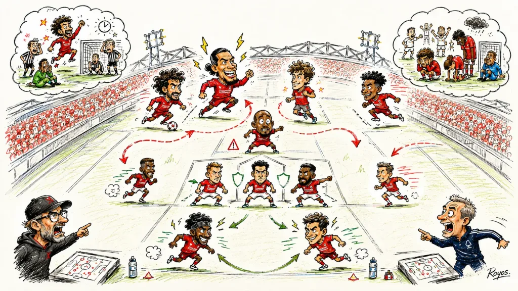 Hand-drawn pen-and-marker caricature of fictional Liverpool and Nottingham Forest players contesting a dramatic Premier League match at an Anfield-style stadium