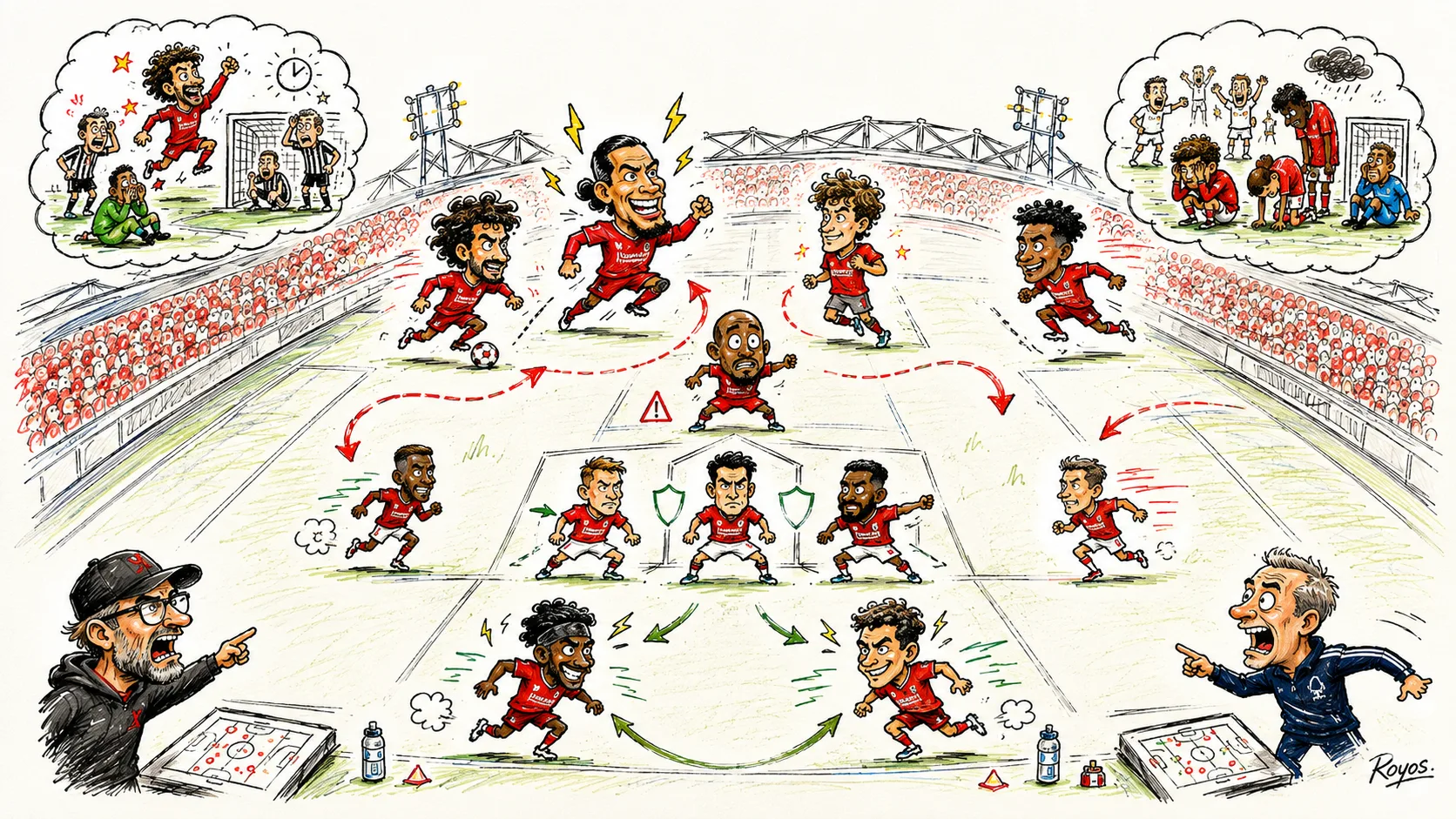 Hand-drawn pen-and-marker caricature of fictional Liverpool and Nottingham Forest players contesting a dramatic Premier League match at an Anfield-style stadium