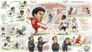 Hand-drawn Liverpool vs Nottingham Forest result caricature showing a late Muñoz-style equaliser in the 2-2 Premier League draw at Anfield