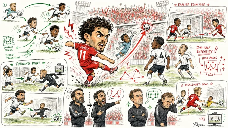 Hand-drawn Liverpool vs Nottingham Forest result caricature showing a late Muñoz-style equaliser in the 2-2 Premier League draw at Anfield