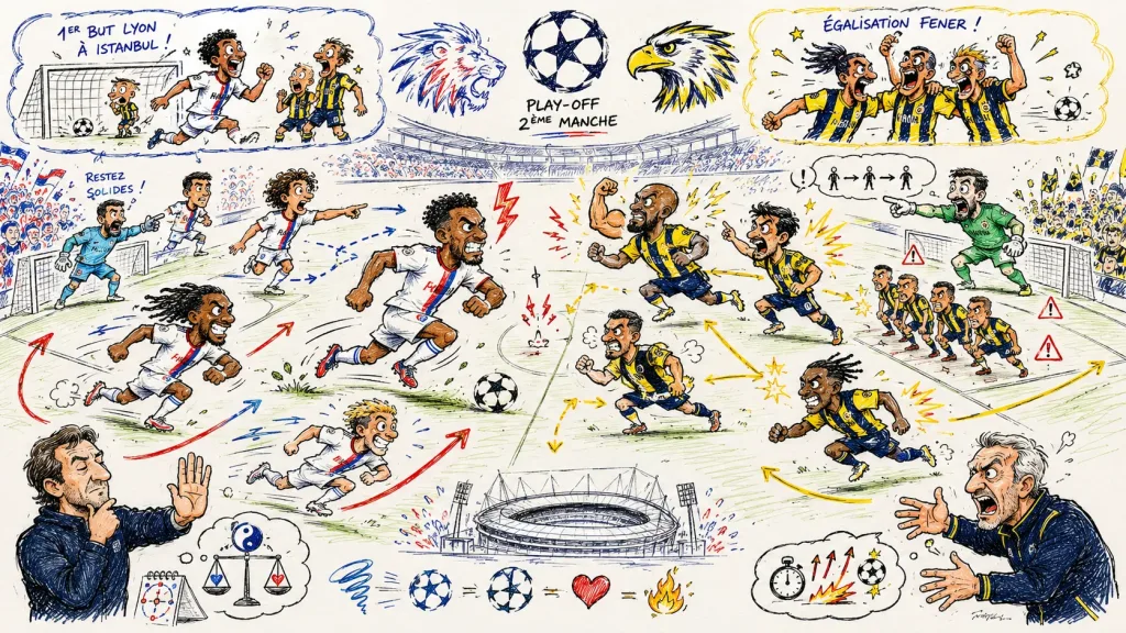 Fictional Lyon and Fenerbahce players contesting a dramatic Champions League playoff second leg at a Lyon-style stadium