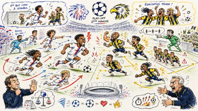 Fictional Lyon and Fenerbahce players contesting a dramatic Champions League playoff second leg at a Lyon-style stadium