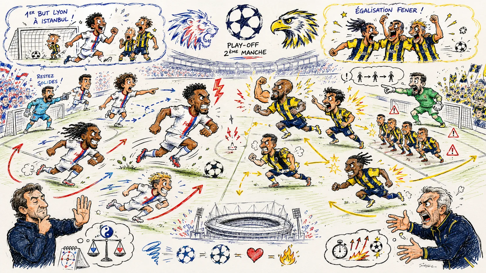 Fictional Lyon and Fenerbahce players contesting a dramatic Champions League playoff second leg at a Lyon-style stadium